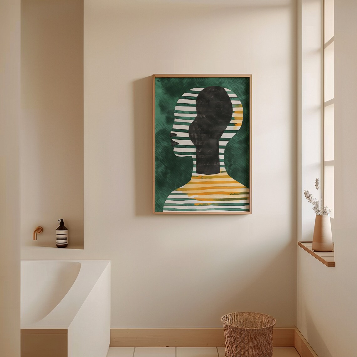Abstract Profile Silhouette Emerald Green Striped Contemporary Art Poster - Image 2