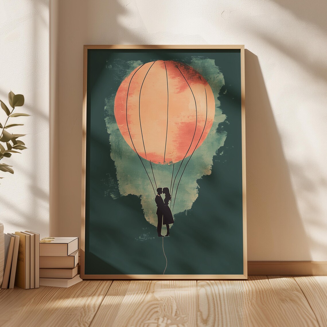 Romantic Couple Silhouette Under Sunset Hot Air Balloon Art Print