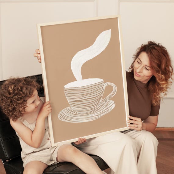 Minimalist Coffee Cup Art Print Beige And White Kitchen Decor Modern Abstract Line Art Cozy Coffee Illustration Neutral Home Decor