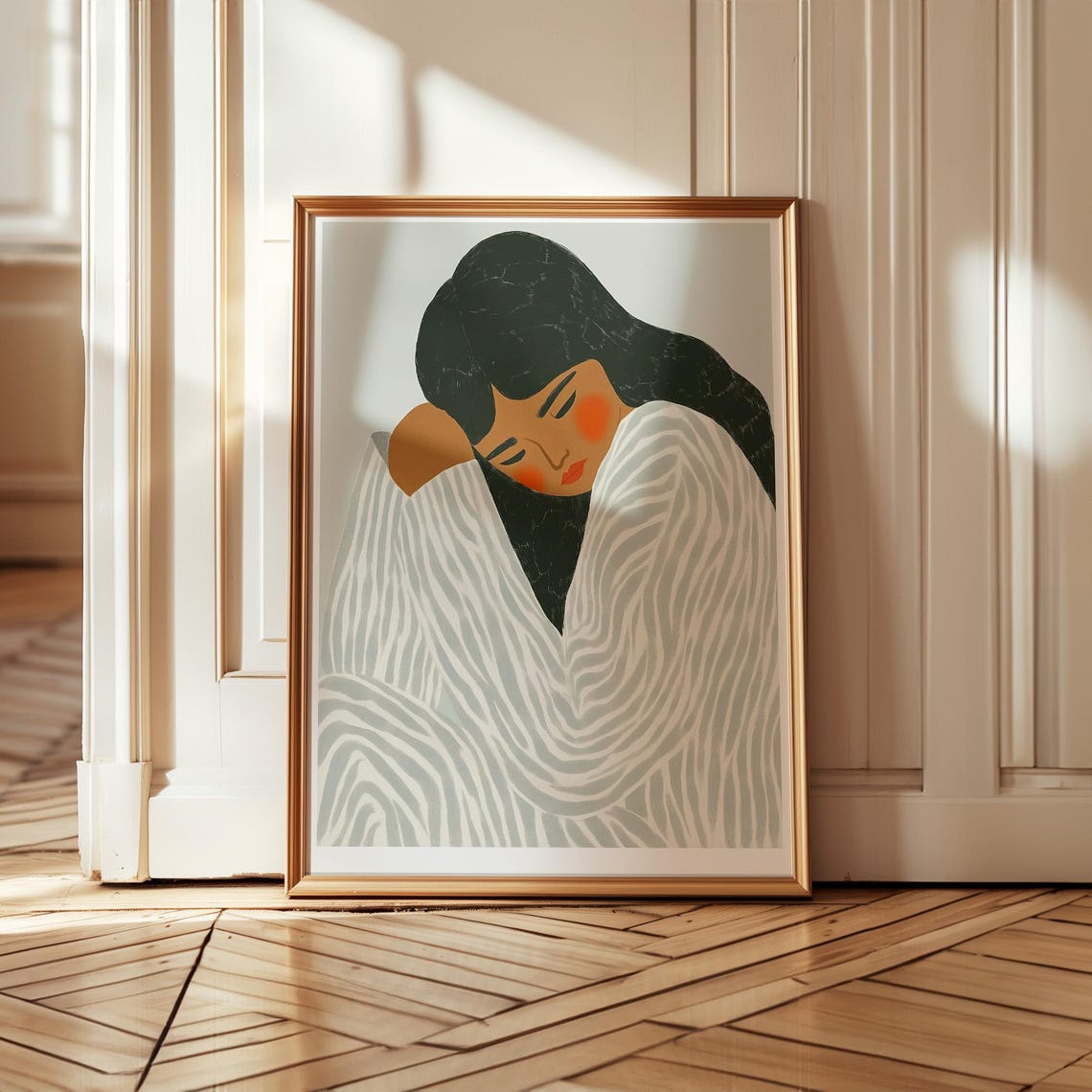 Serene Abstract Woman Resting Her Chin on a Striped Blanket Poster - Image 5