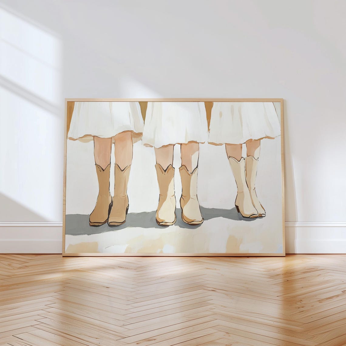 Western Cowgirl Boots Art Print Minimalist Country Style Wall Art Rustic Farmhouse Decor Southern Charm White Dress And Boots Painting