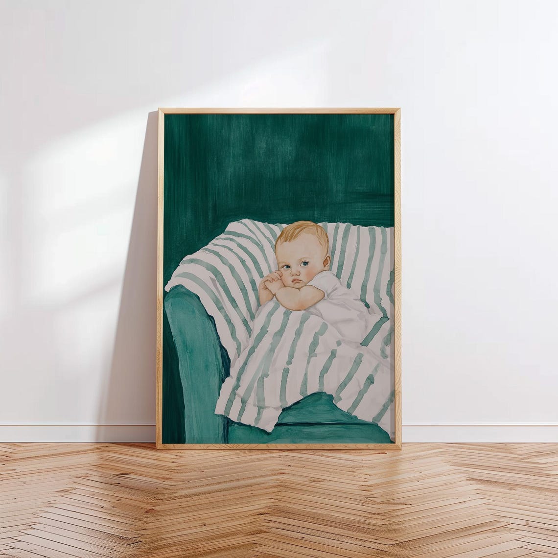 Sweet Baby Resting On Striped Blanket Teal Nursery Decor Wall Art - Image 2