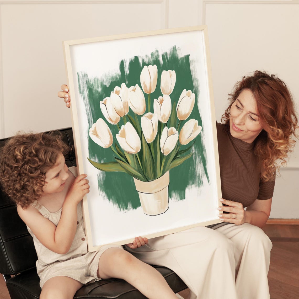 White Tulips in Vase Green Brushstroke Floral Painted Poster - Image 2