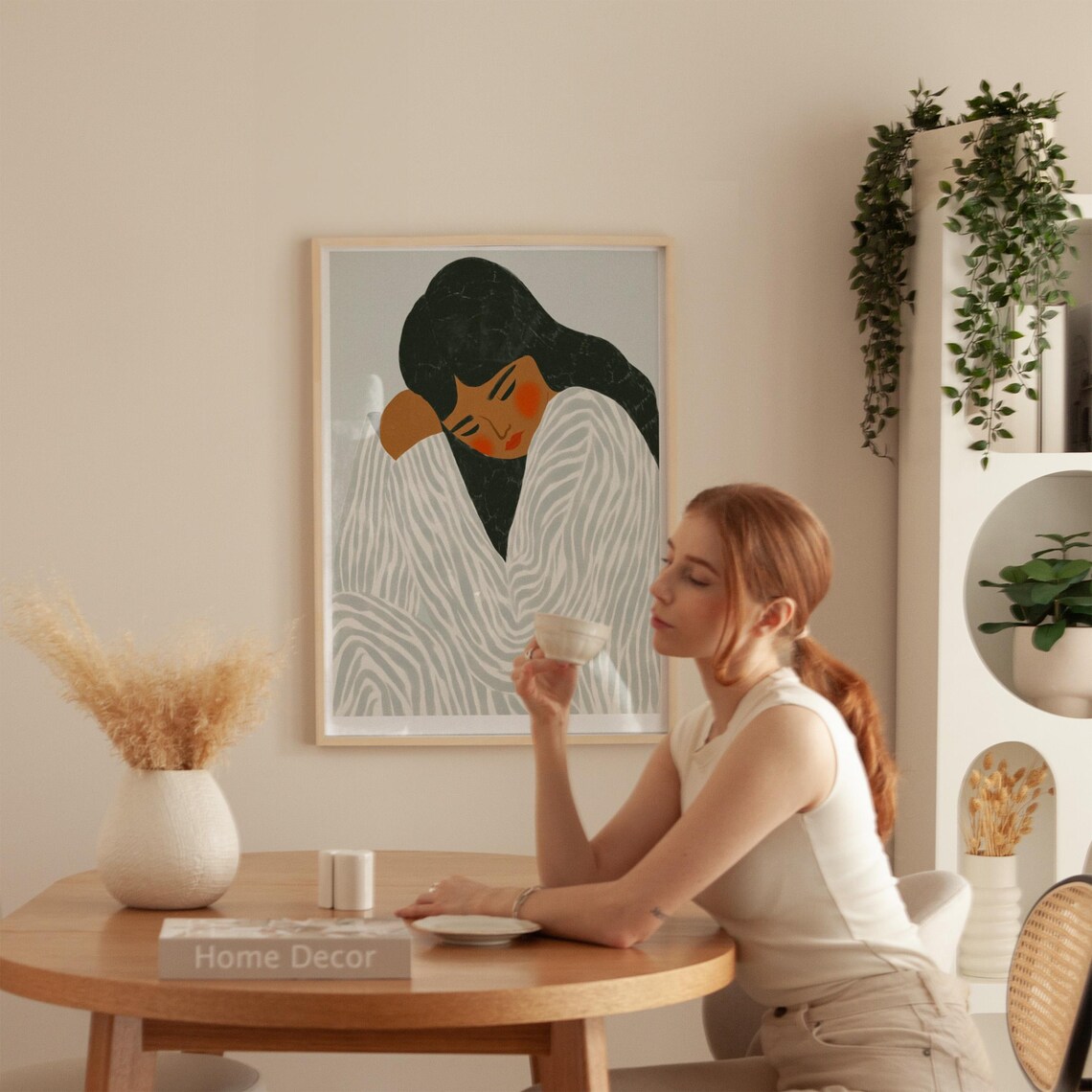 Serene Abstract Woman Resting Her Chin on a Striped Blanket Poster - Image 2