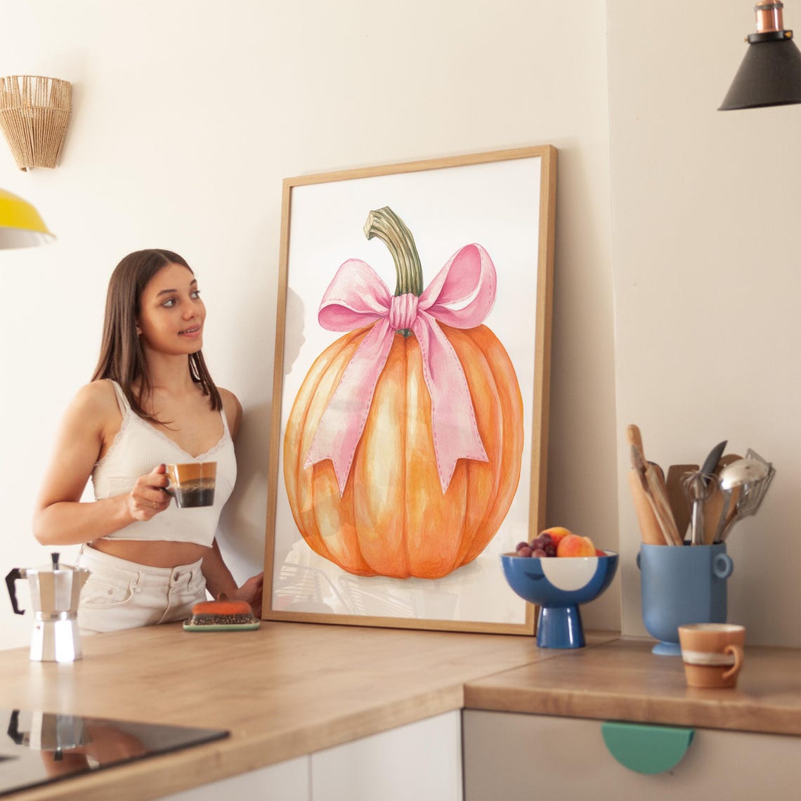 Whimsical Watercolor Pumpkin With Big Pink Bow Fall Art Poster