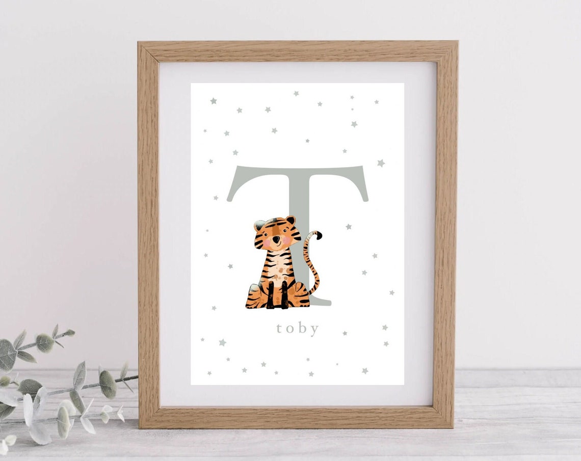 Personalised Letter T Tiger Poster with Name Toby for Nursery