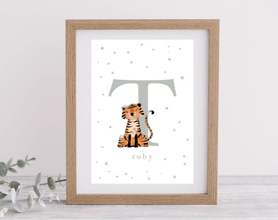 Personalised Letter T Tiger Poster with Name Toby for Nursery