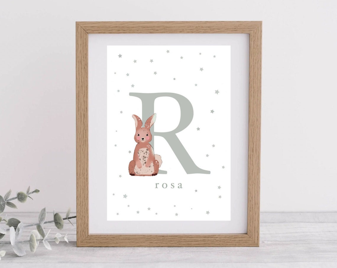 Personalised Letter R Rabbit Poster with Name Rosa for Nursery