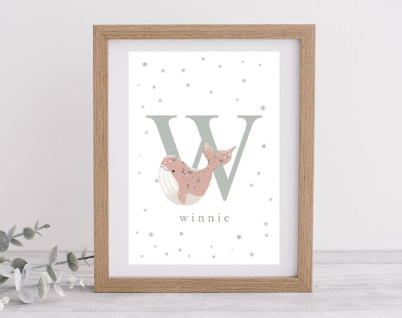 Personalised Letter W Whale Poster with Name Winnie for Nursery