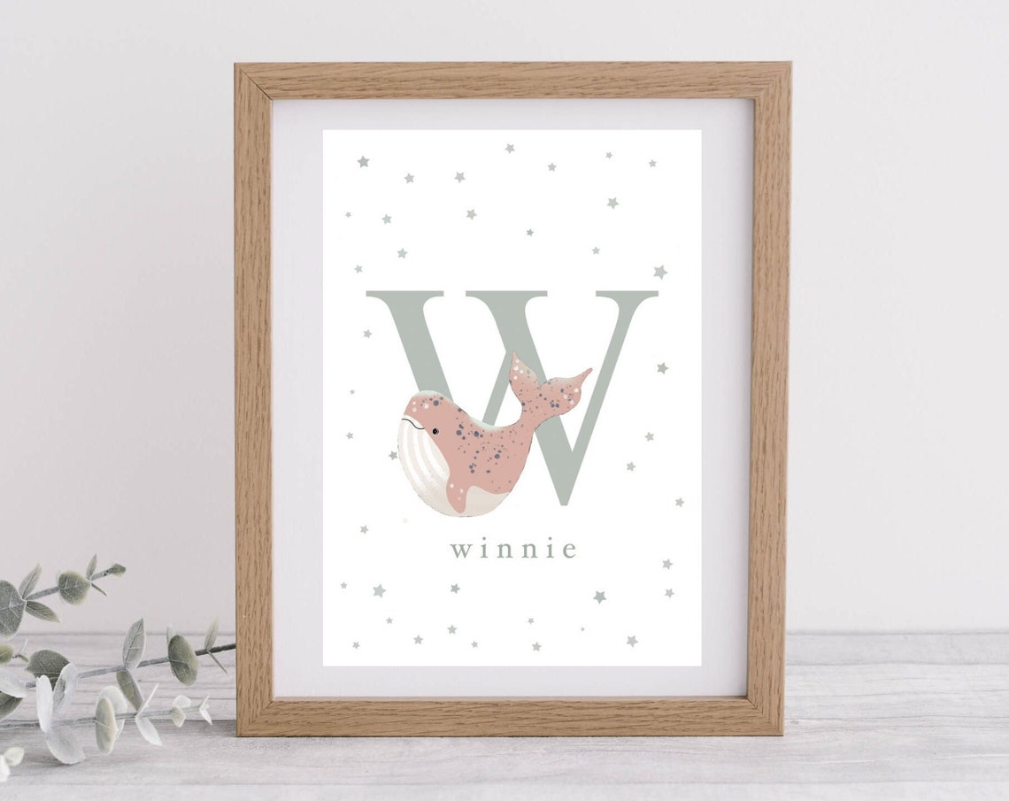 Personalised Letter W Whale Poster with Name Winnie for Nursery