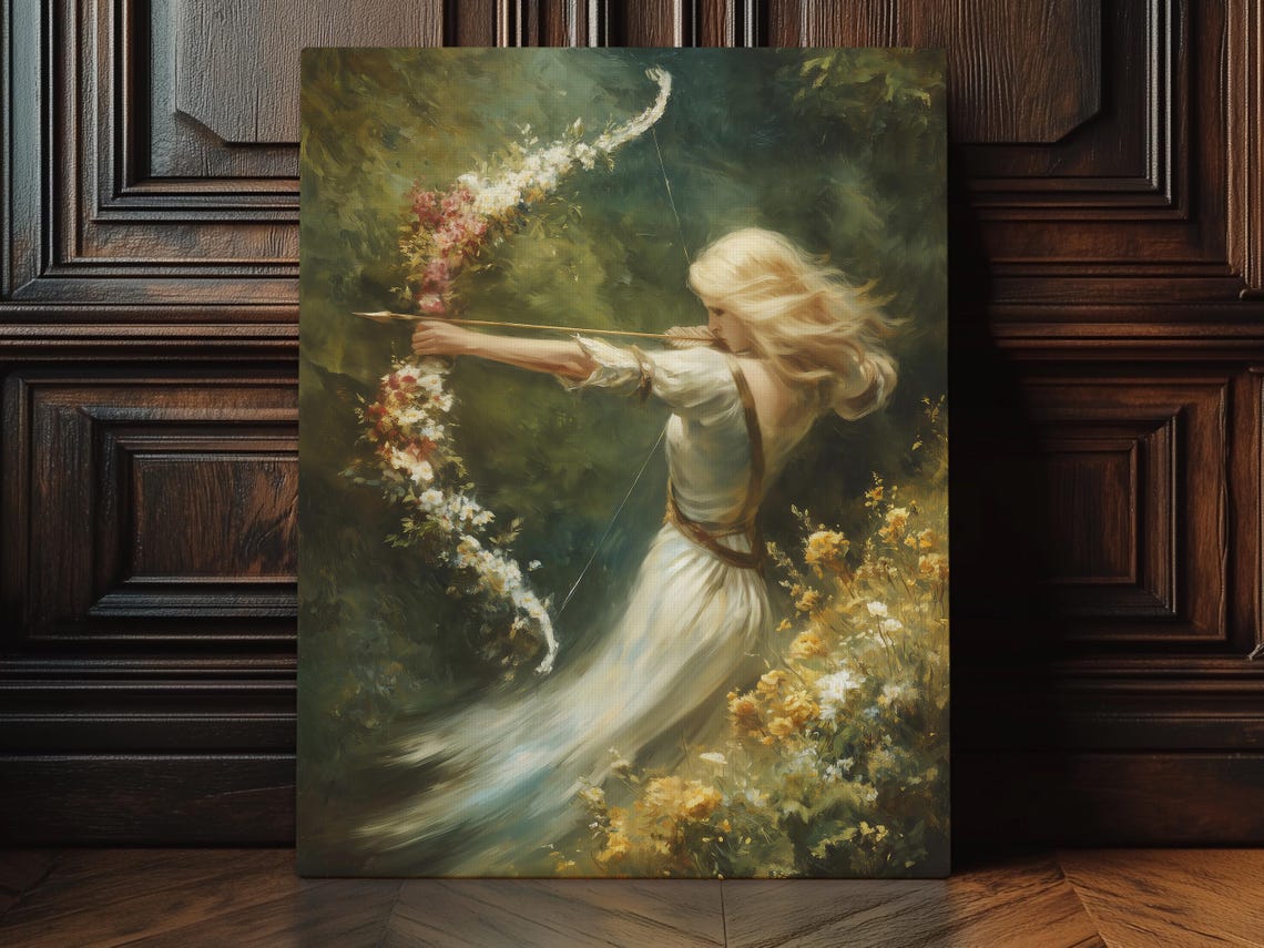 Artemis Goddess Print On Canvas Or Premium Archival Paper Blooming Flowers Wall Art Greek Of Hunt And Wild Life Oil Painting