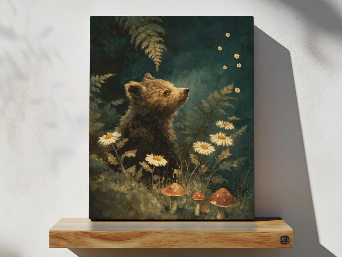 Bear Cub Among Daisies In Moody Woodland Forest Wildlife Print
