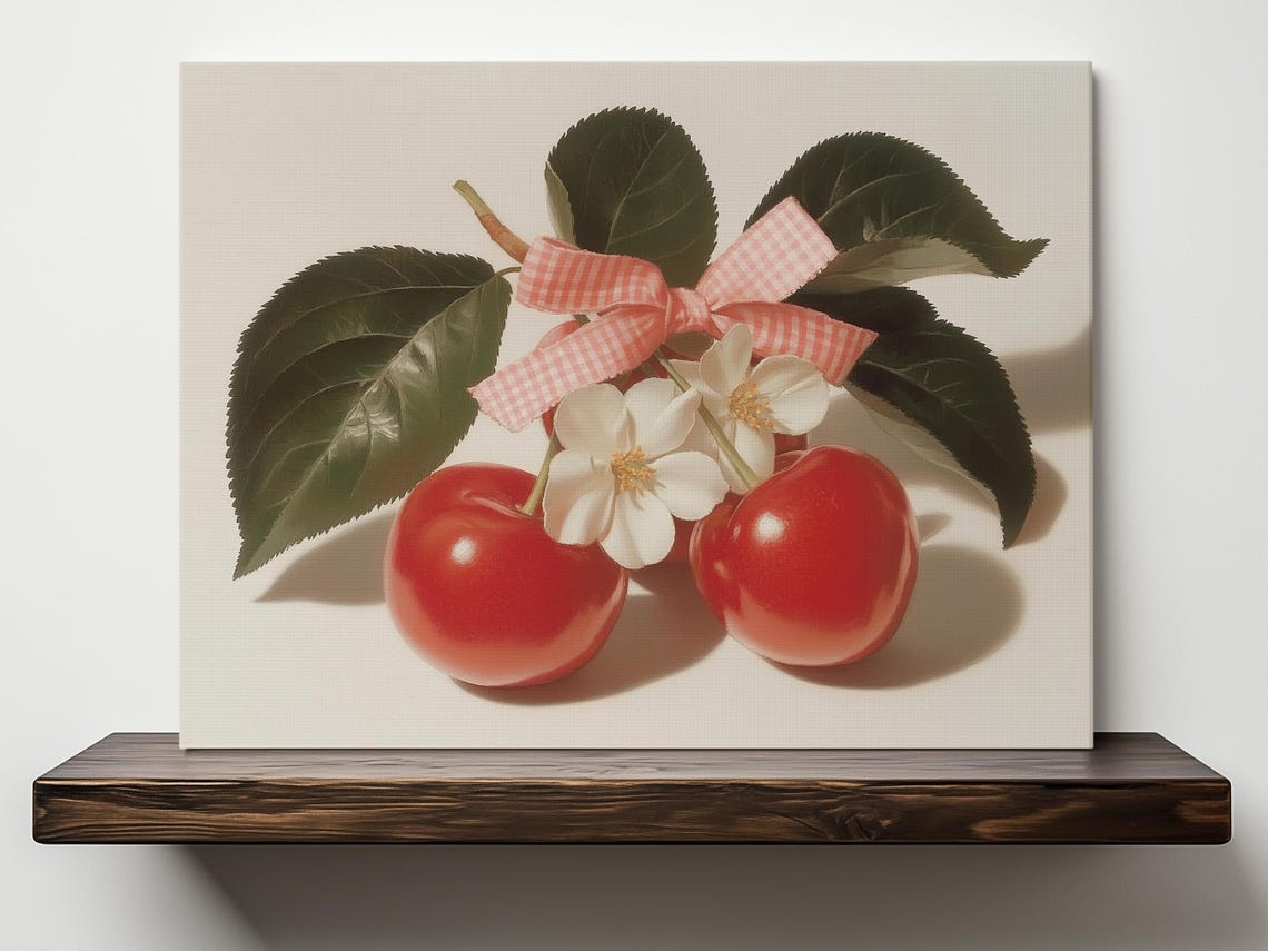 Red Cherries with White Blossom Gingham Bow Still Life Art Poster