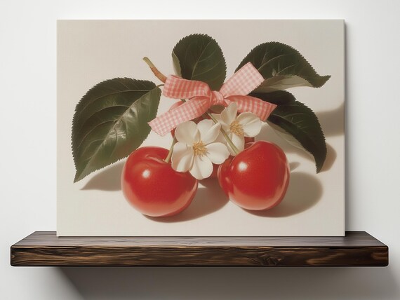 Red Cherries with White Blossom Gingham Bow Still Life Art Poster