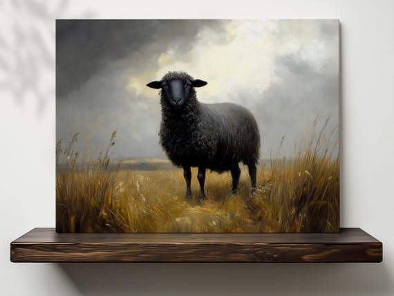 Black Sheep Nature Scenery Art Print, Rustic Landscape