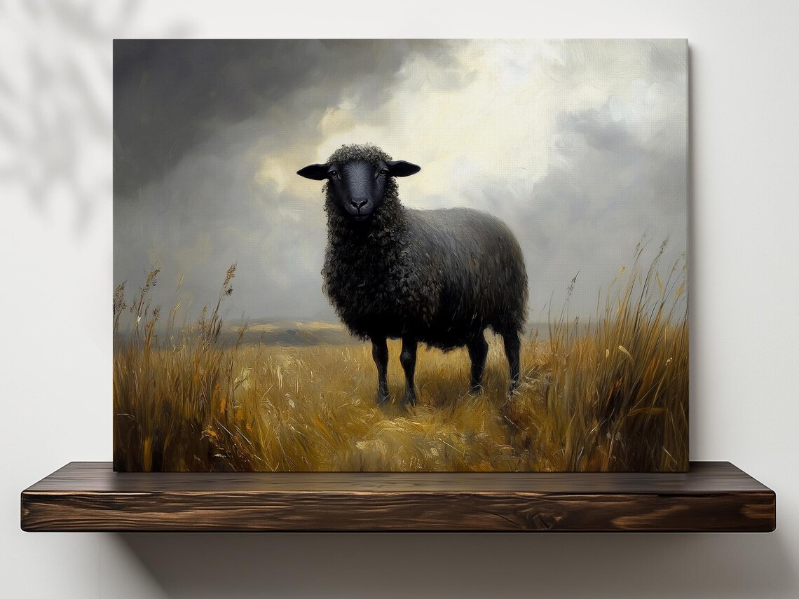 Black Sheep Nature Scenery Art Print, Rustic Landscape