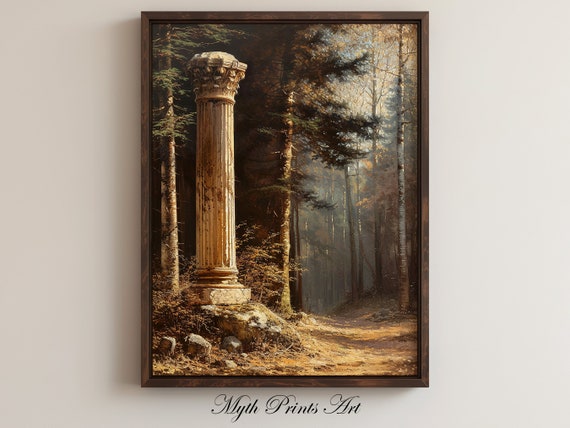 Ancient Pillar Print Forest Scenery Painting Wall Art Rustic Oil Roman Ruins Vintage Antique