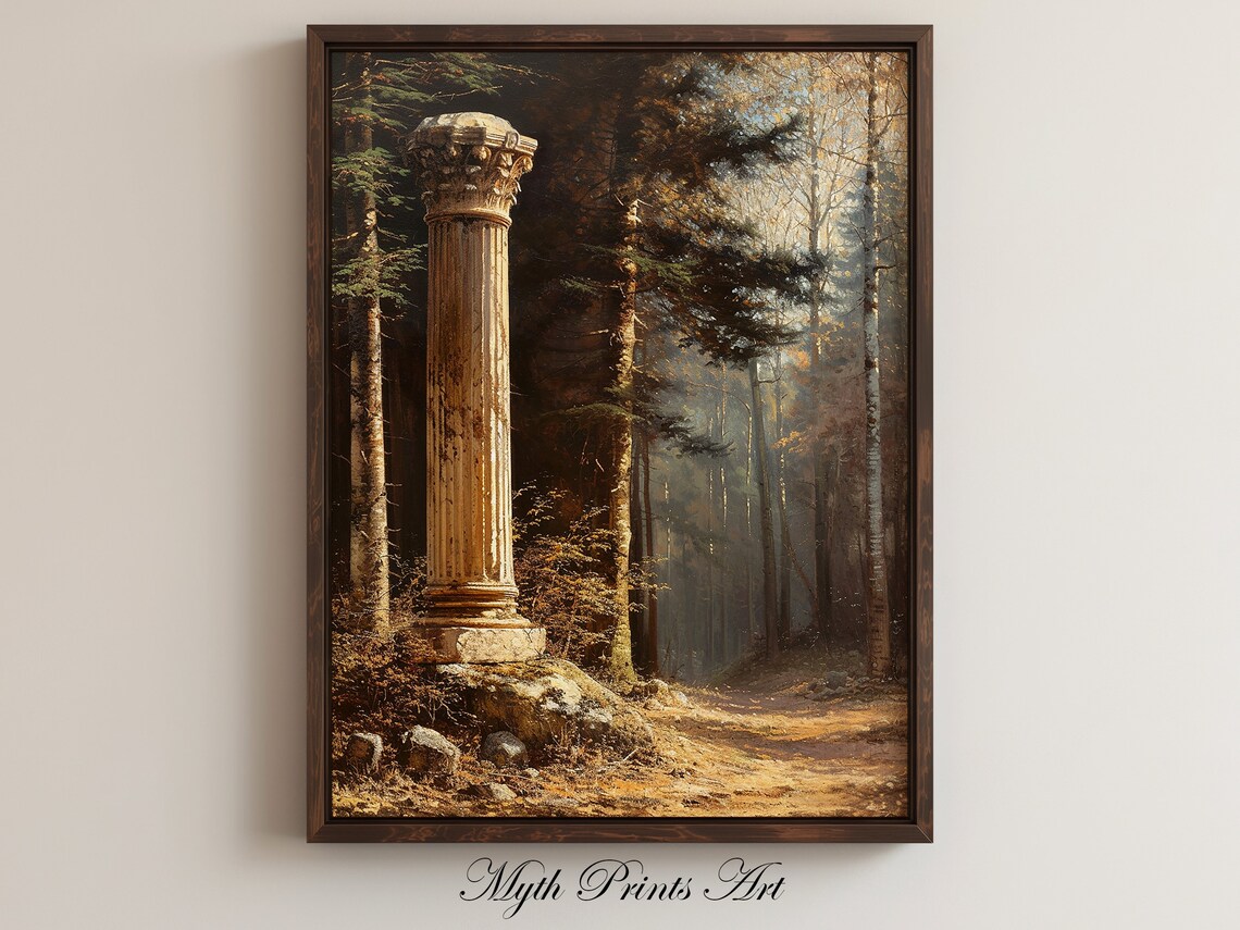 Ancient Roman Column In Golden Autumn Forest Oil Painting Wall Art