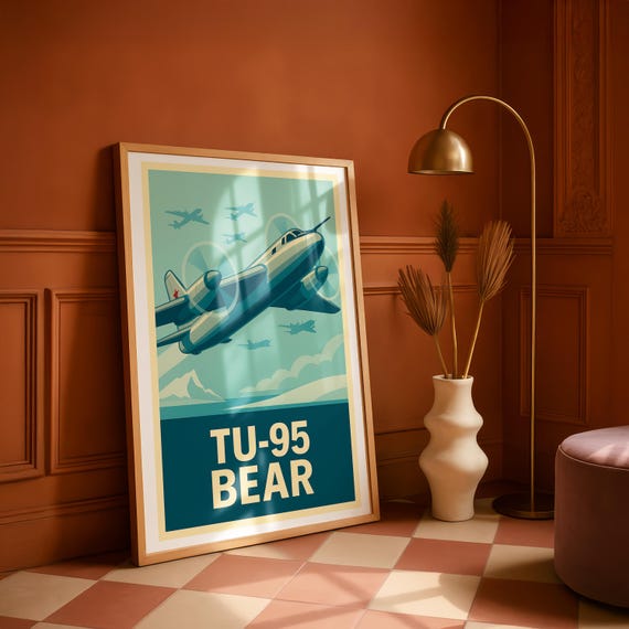 Tu95 Bear Poster Vintage Soviet Bomber Retro Aviation Wall Art Cold War Aircraft Decor