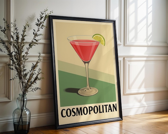 Vintage Cosmopolitan Cocktail Poster, Retro Bar Art