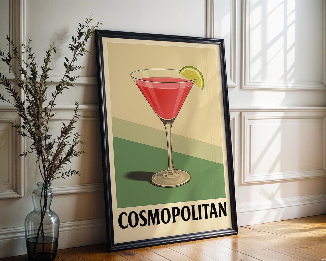 Vintage Cosmopolitan Cocktail Poster, Retro Bar Art