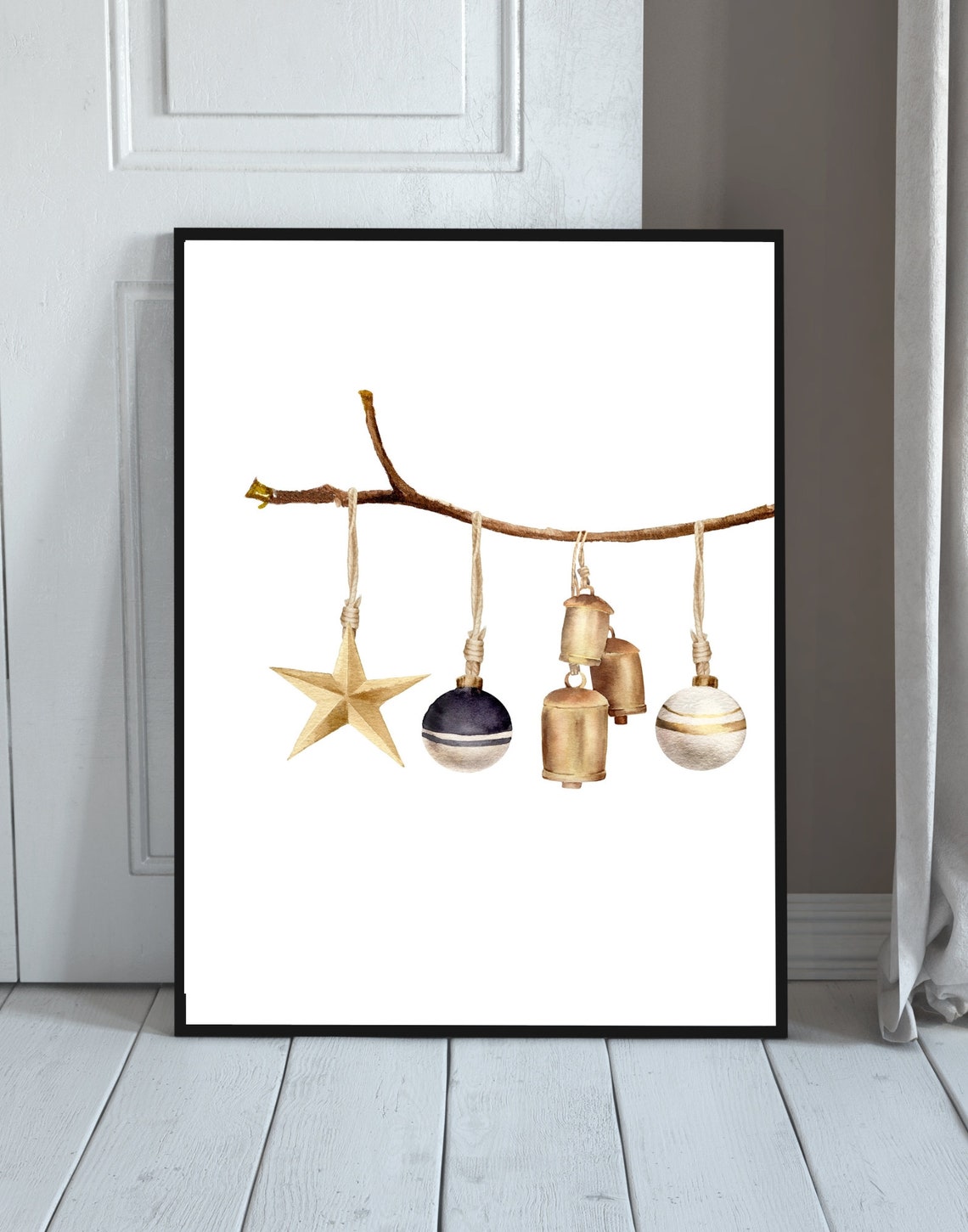 Watercolor Christmas Ornaments Hanging Branch Holiday Poster - Image 2