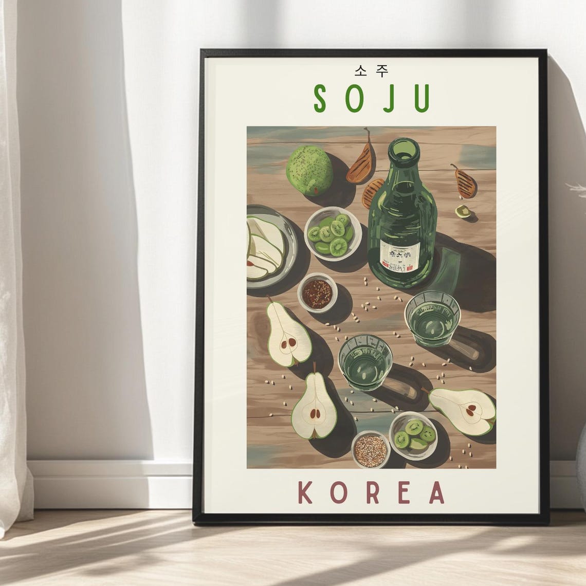 Korean Soju Night Bottle Pears Kiwi Illustrated Bar Wall Art