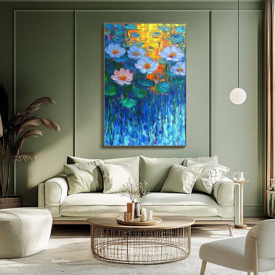 Water Lilies Pond Sunset Impressionist Floral Oil Painting Wall Art - Image 2