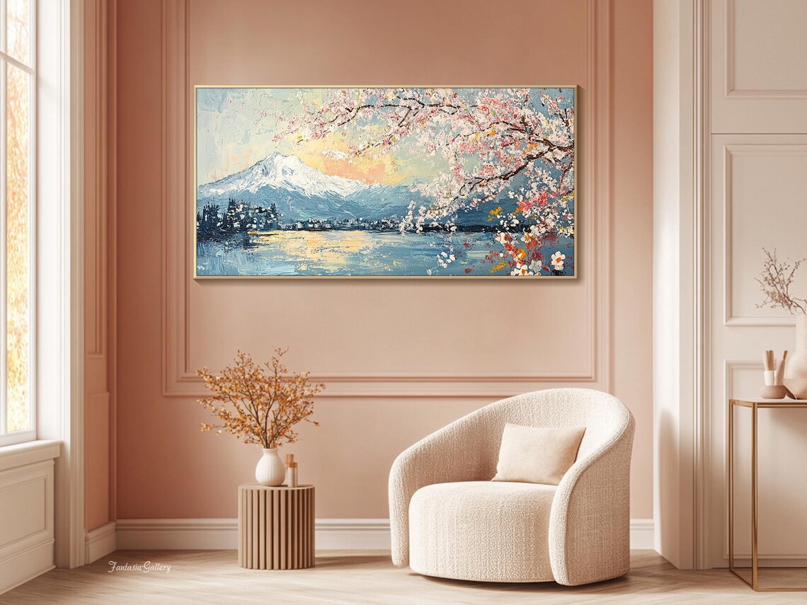 Pink Cherry Blossom Mountain Oil Painting Art Print - Image 3