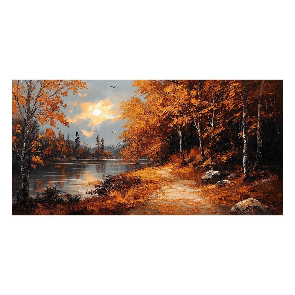 Autumn Forest Lake Sunset Golden Birch Trees Oil Painting Landscape - Image 2