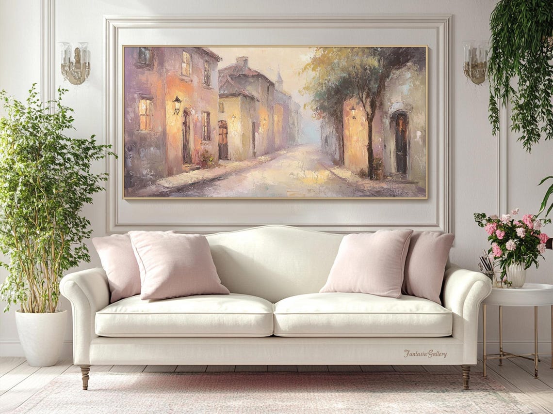 Soft Light European Village Street With Lanterns Cityscape Wall Art - Image 2