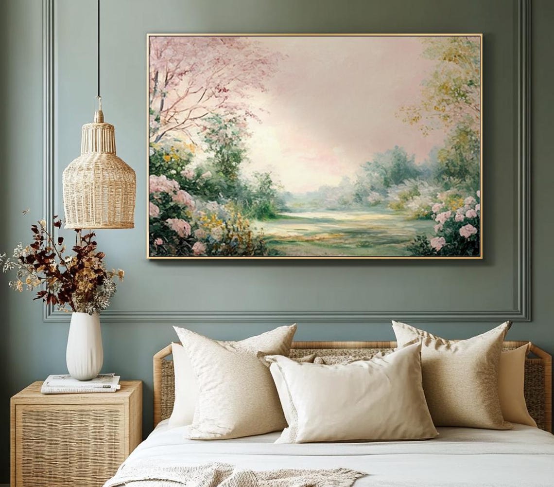 Spring Garden Blooming Trees Pink Blossoms Landscape Oil Painting Art - Image 3