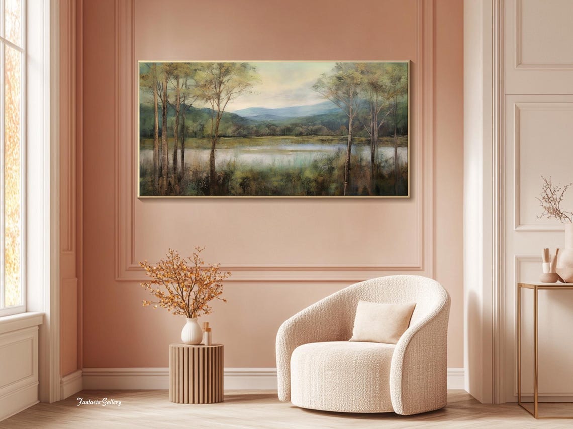 Serene Spring Lake With Trees And Misty Mountains Landscape Print - Image 3