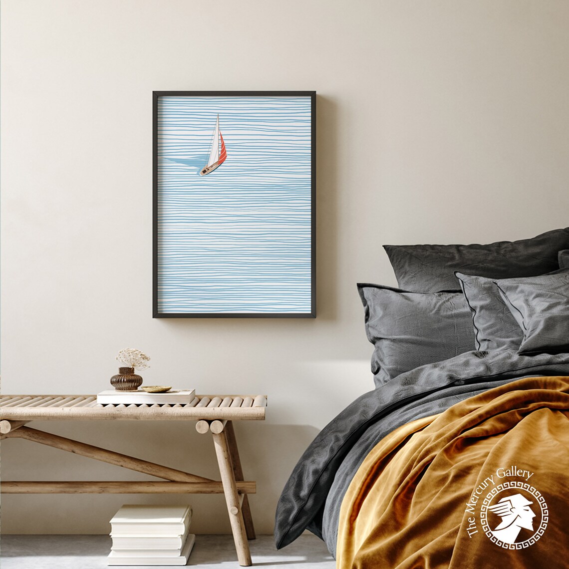 Aerial Sailboat On Striped Blue Sea Minimalist Modern Ocean Art Poster - Image 4
