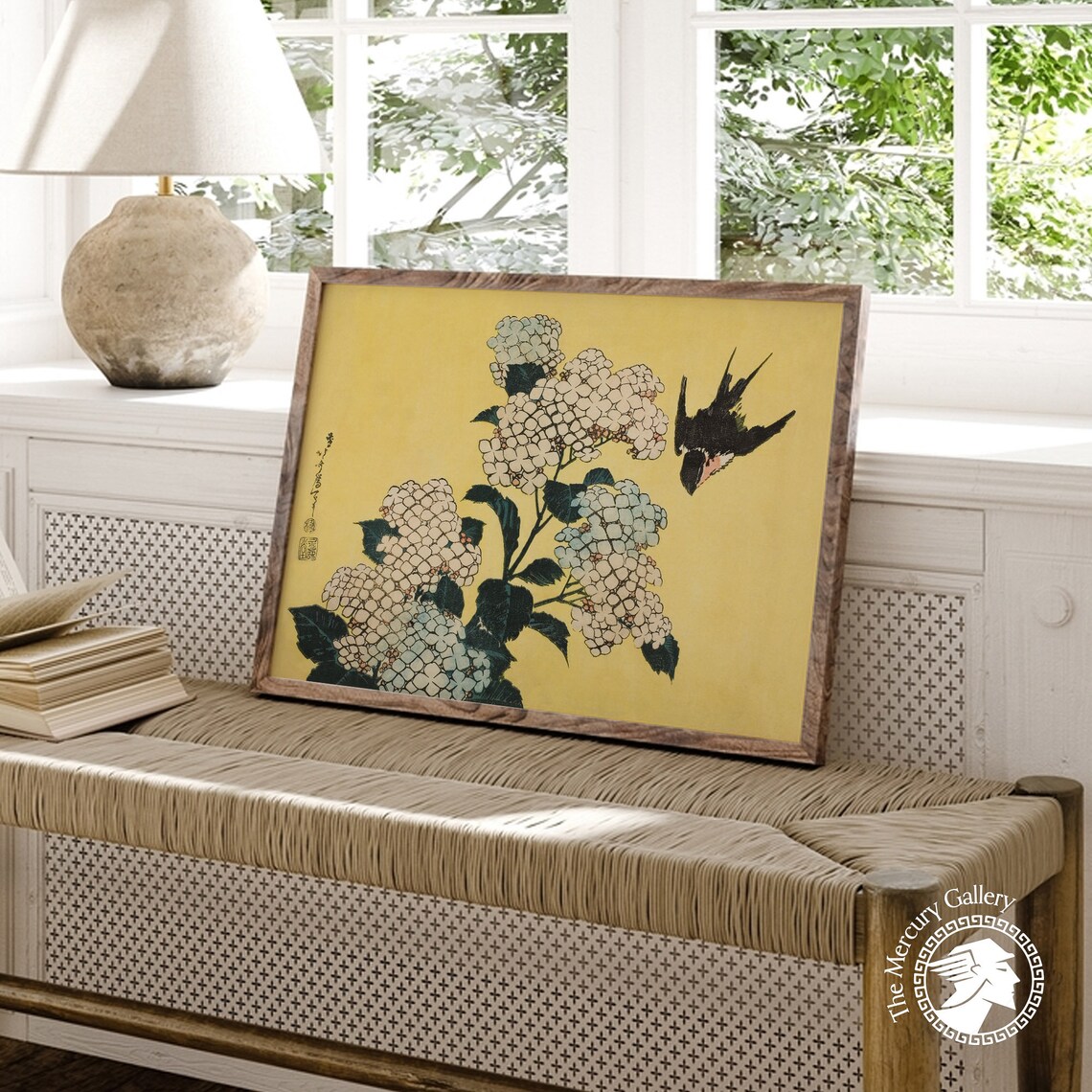 Japanese Woodblock Yellow Flowers and Swallow Art Print - Image 3