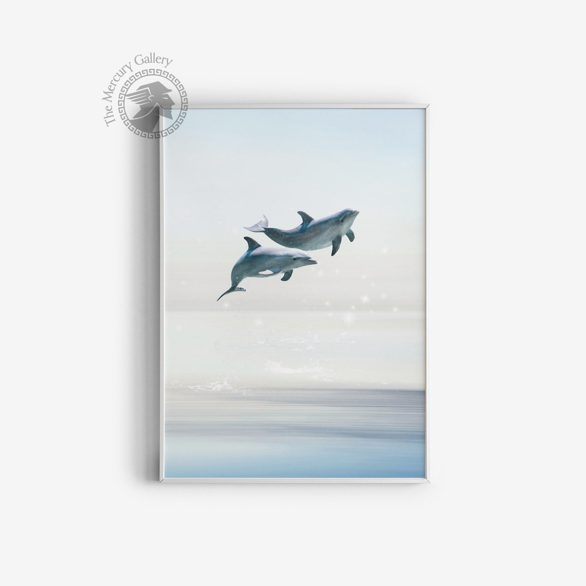 Two Dolphins Leaping Over Calm Ocean Serene Coastal Nursery Wall Print - Image 3