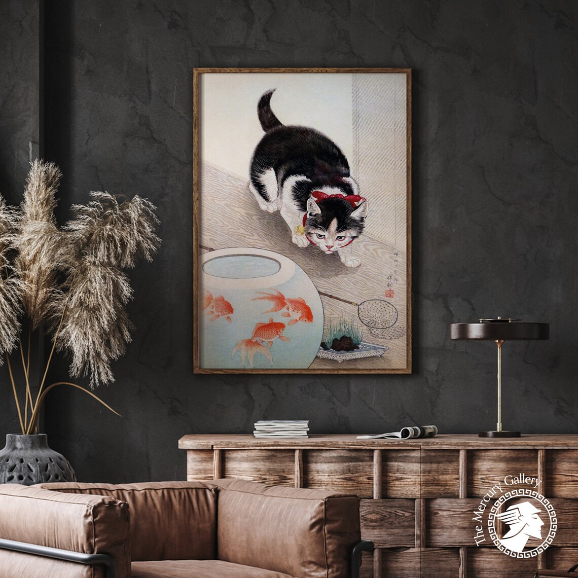 Black Cat Watching Goldfish Bowl Vintage Japanese Cat Animal Art Poster - Image 2