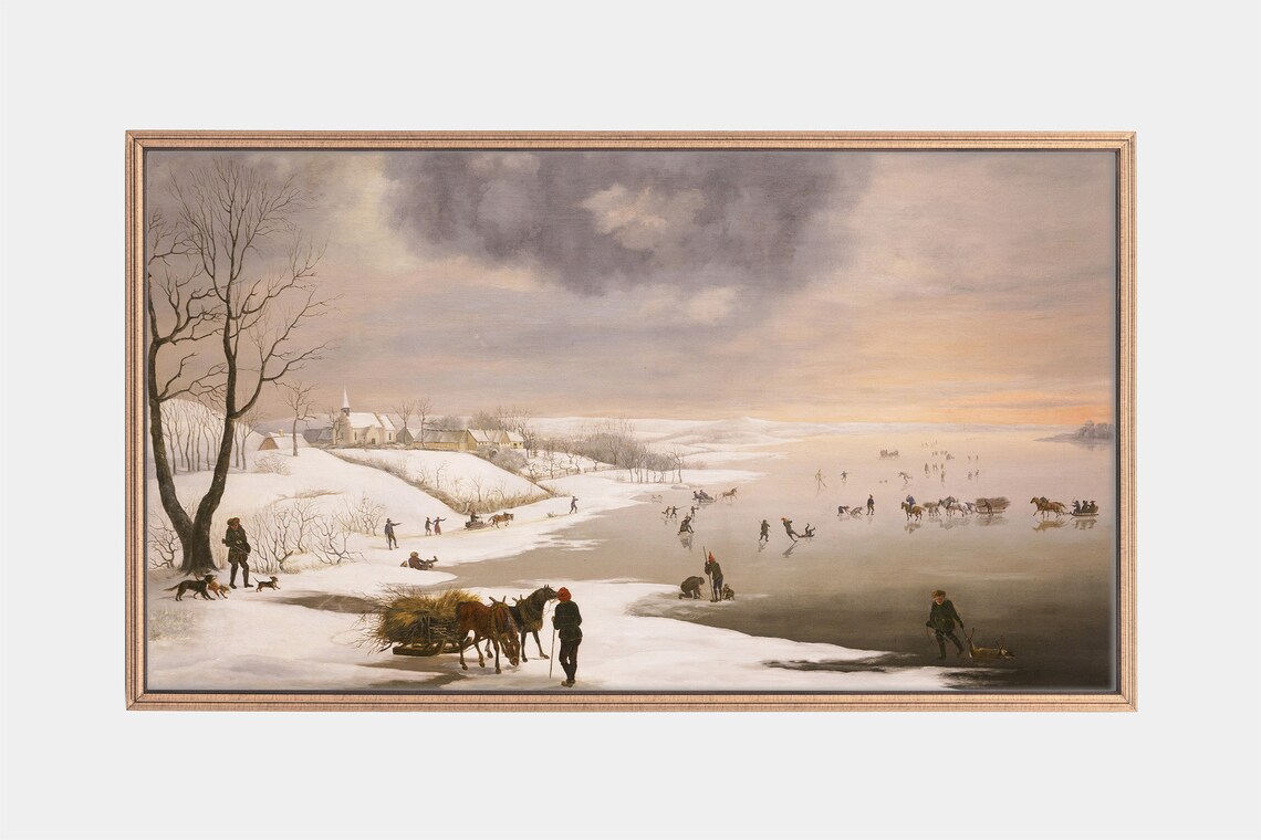 Skaters on Frozen River at Sunset Vintage Winter Village Poster