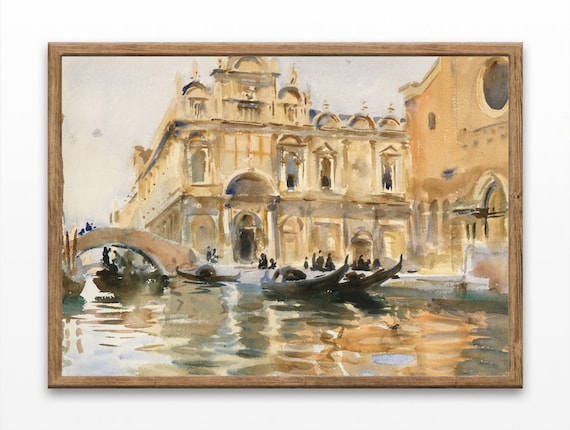 Venice Italy Watercolor Painting Ornate Canal Building Gondolas Vintage Poster