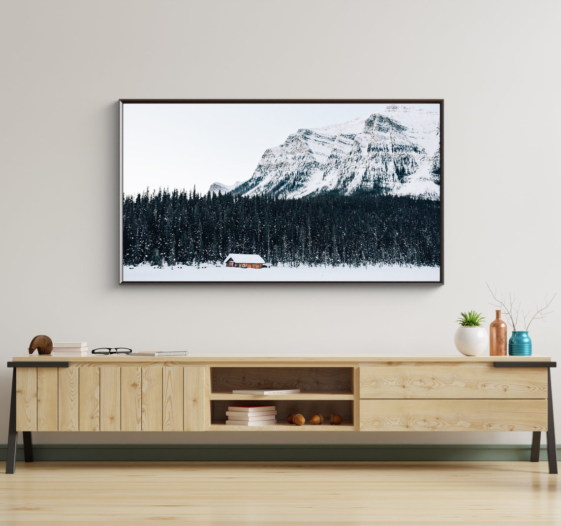 Snowy Alpine Peak Evergreen Forest With Red Cabin Winter Lodge Poster - Image 2