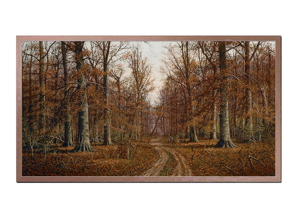 Autumn Forest Road Tall Trees Rust Foliage Vintage Landscape Poster