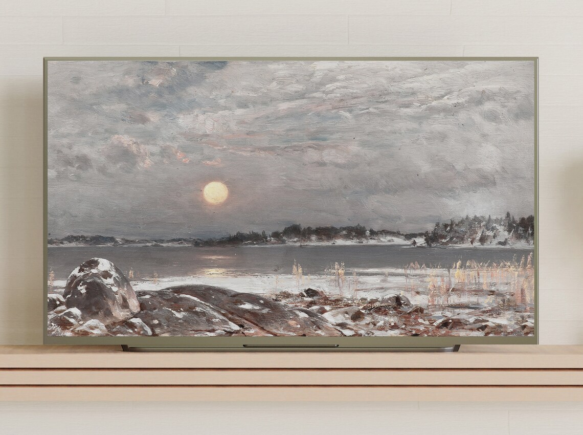 Full Moon Winter Coast Snowy Rocks Icy Bay Vintage Night Painting Poster - Image 3