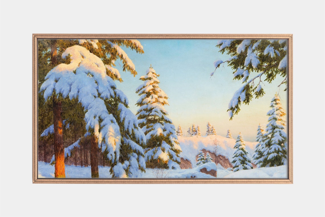 Snow Covered Pine Forest Glowing Golden Sunrise Winter Art Poster