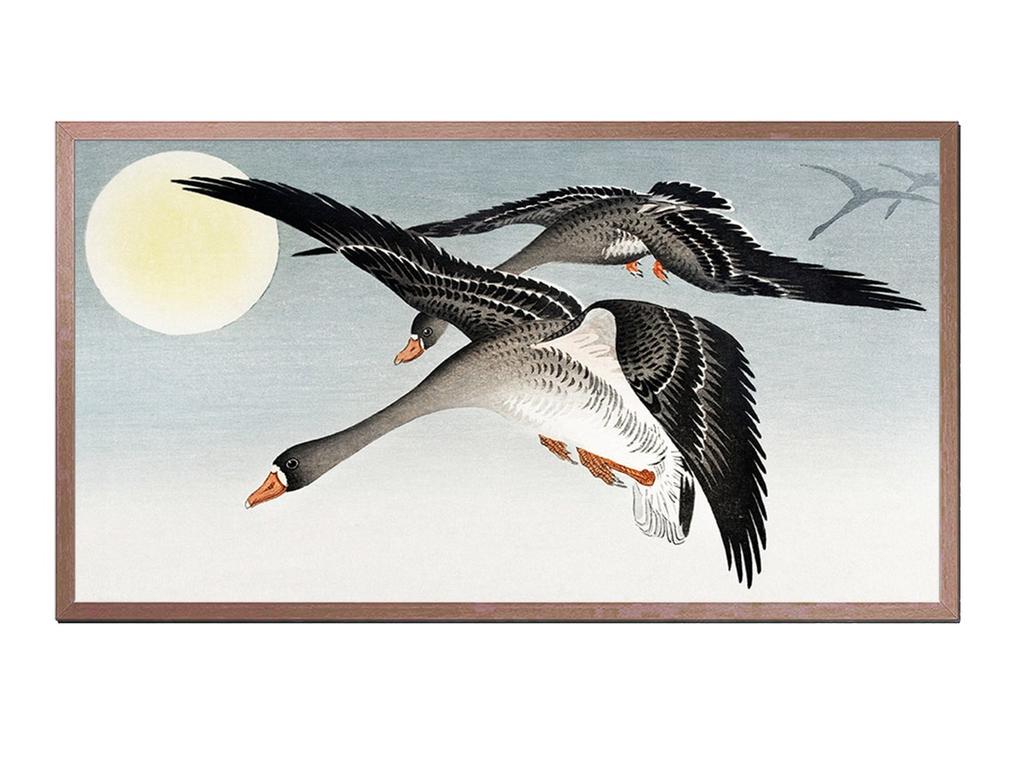 Ohara Koson Geese at Full Moon Japanese Woodblock Bird Artwork Poster