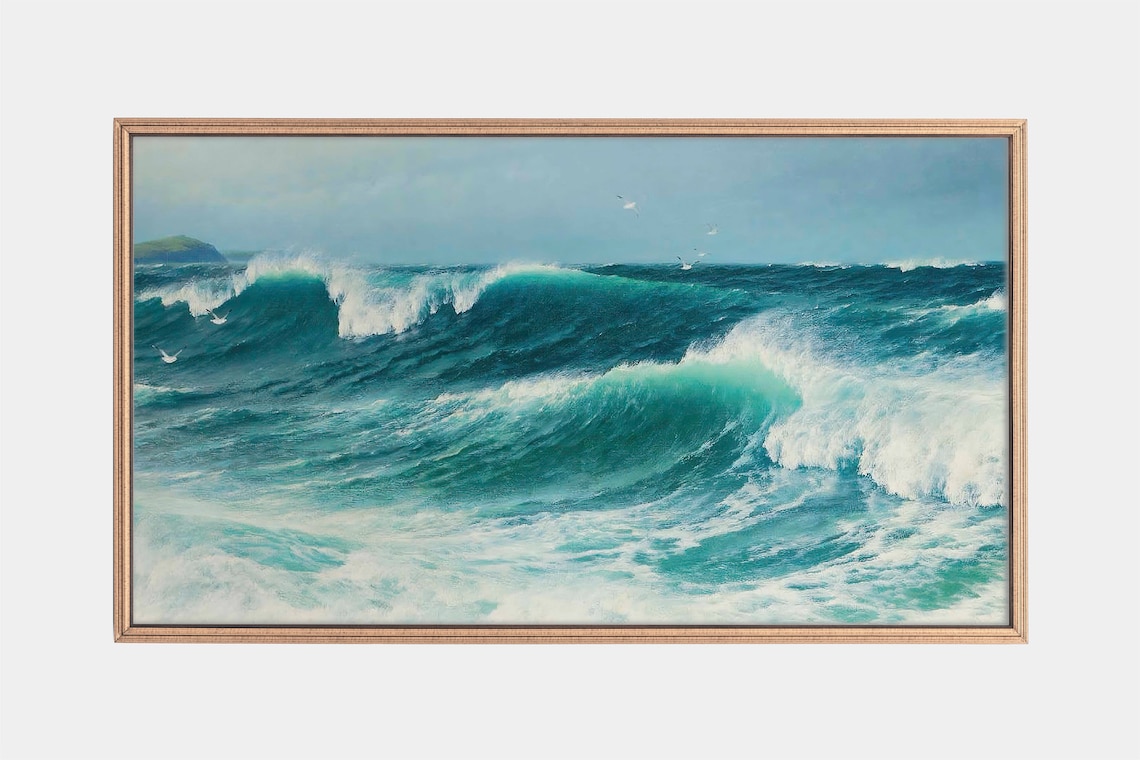 Turquoise Ocean Waves Crashing Seascape Vintage Nautical Painting Poster