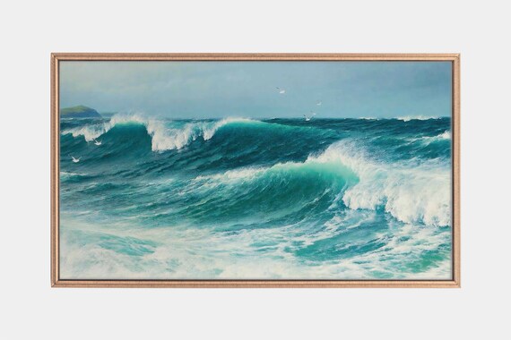 Turquoise Ocean Waves Crashing Seascape Vintage Nautical Painting Poster