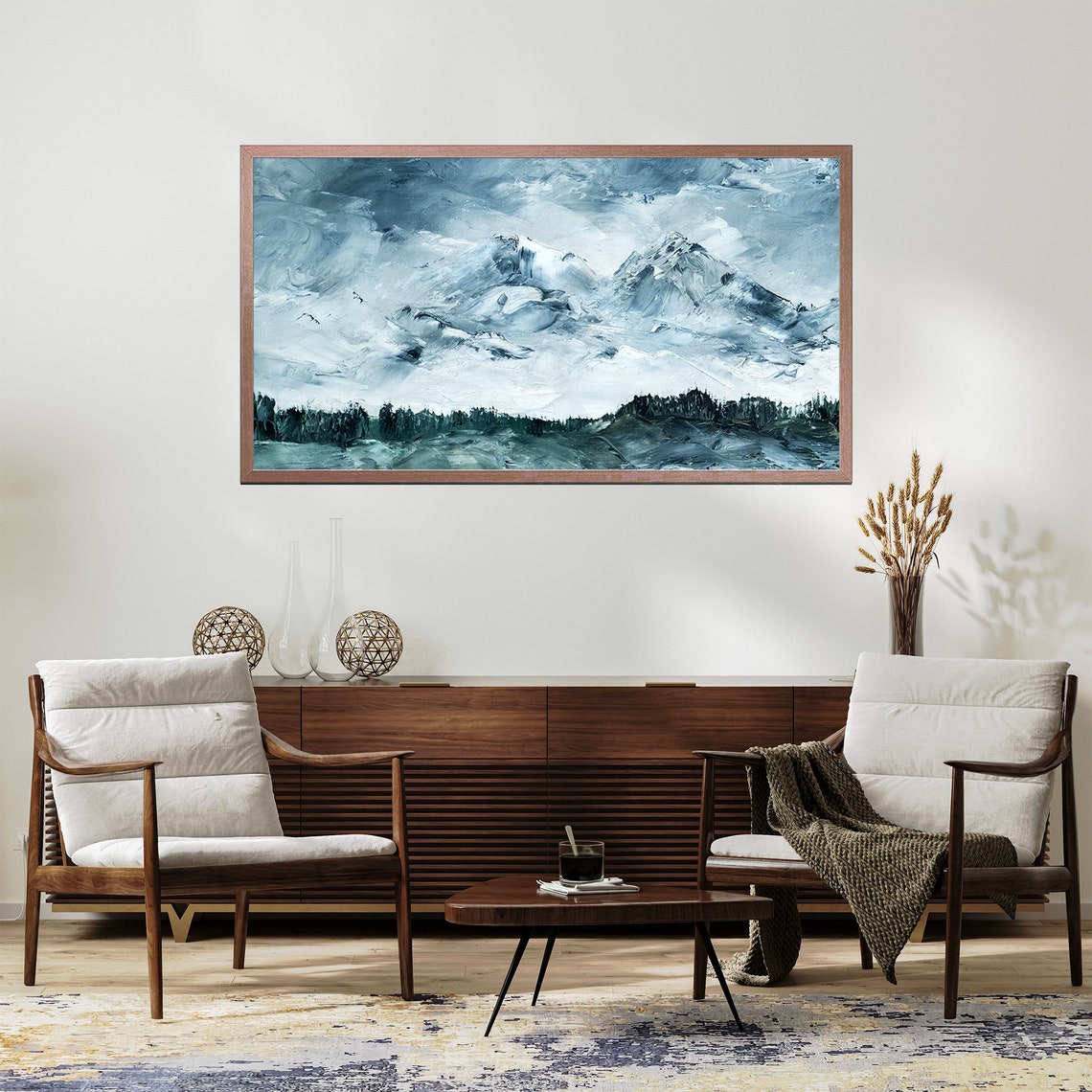 Abstract Blue Mountain Landscape Stormy Peaks Oil Painting Art Print - Image 3