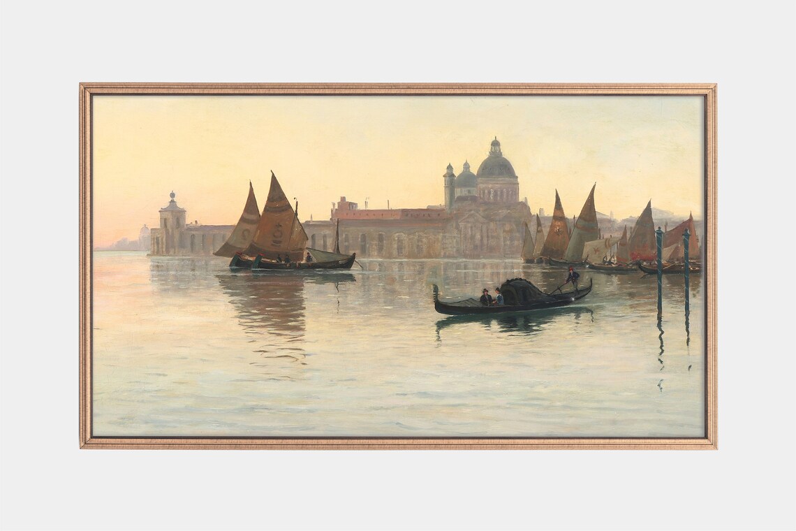 Venice Gondolas and Sailboats at Golden Hour Vintage Canal Poster