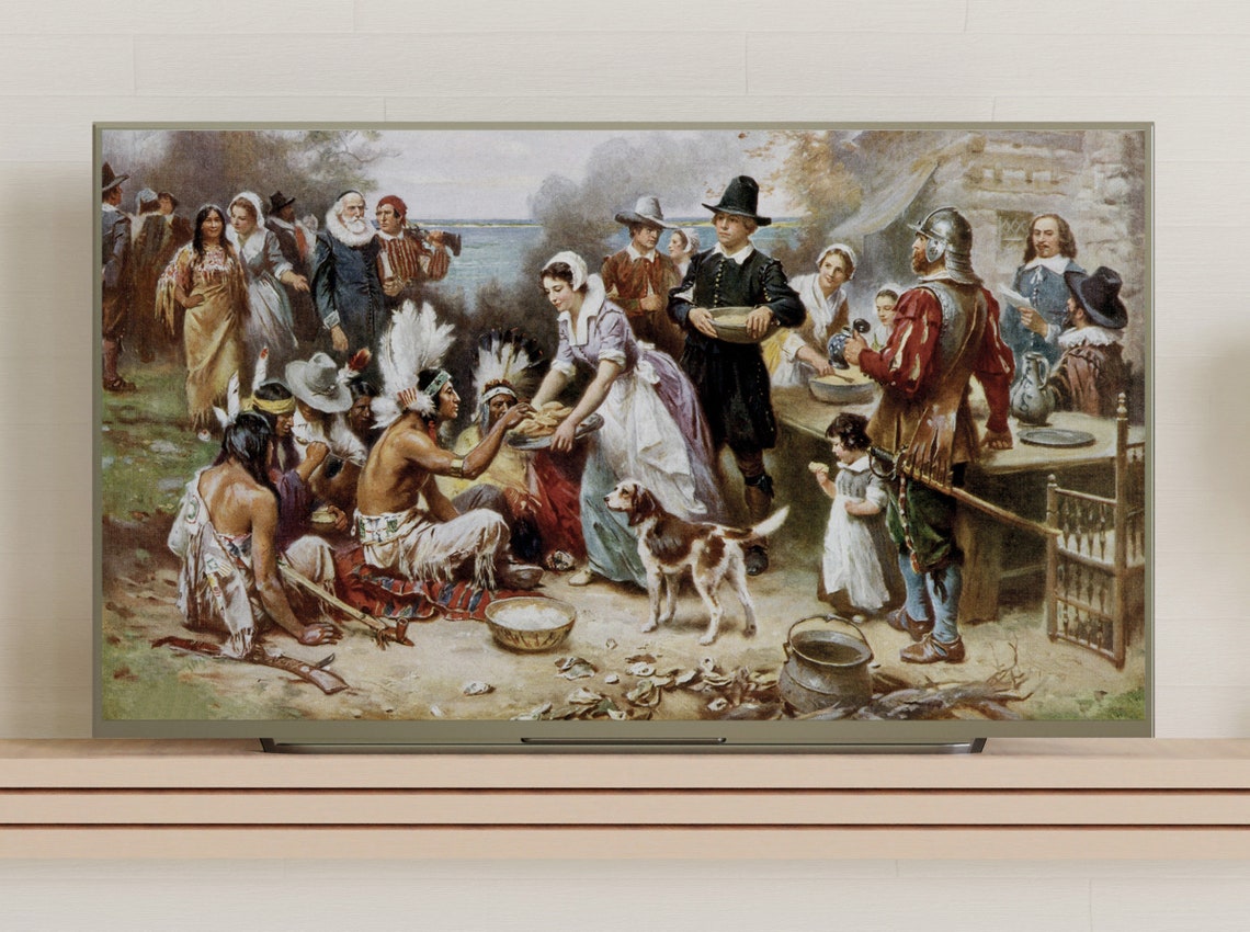 First Thanksgiving Pilgrims Feast Classic American Painting Print - Image 3
