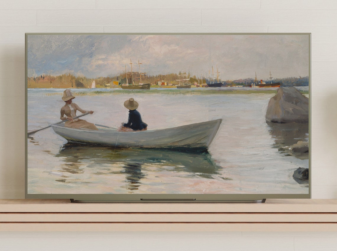 Two Women Rowing a Boat on Calm Water Vintage Seascape Poster - Image 3